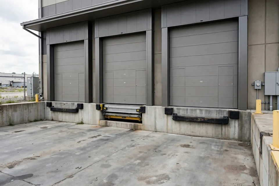 Industrial loading dock with overhead sectional doors