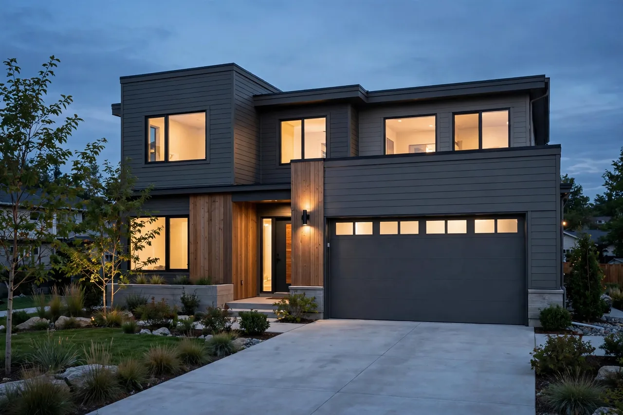 Modern home at dusk with a sectional garage door