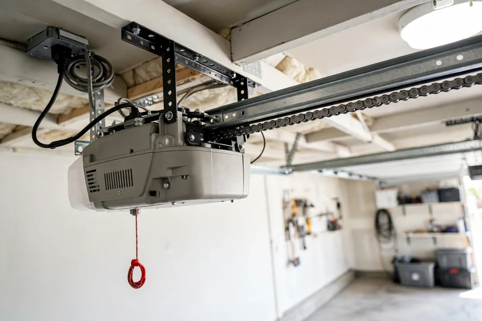 Garage door opener motor mounted on a ceiling rail