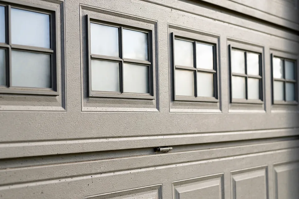 Close-up of sectional garage door panels with windows