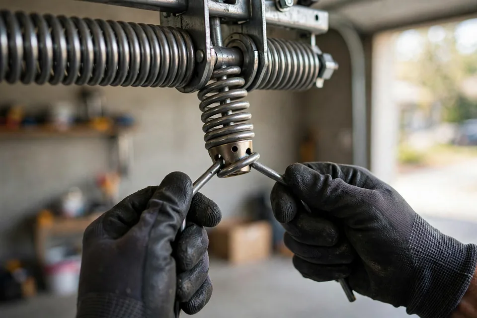 Technician's hands adjusting a garage door torsion spring