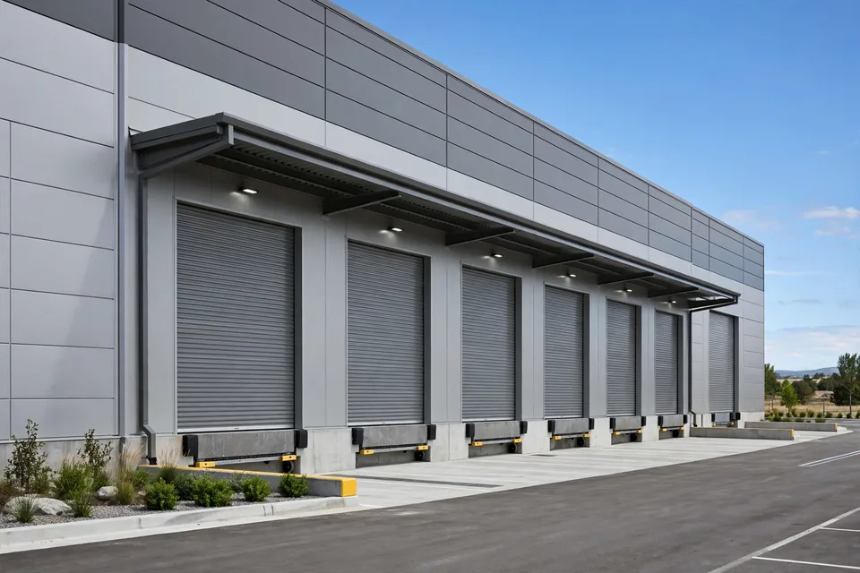 Commercial warehouse with rolling steel overhead doors